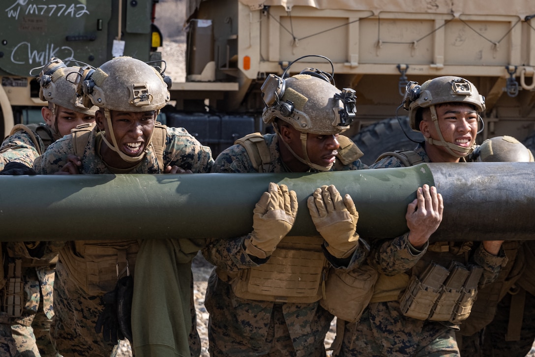 U.S. Marines with 3d Battalion, 12th Marine Regiment, 3d Marine Division, emplace an M777 Howitzer during a river crossing mission for Korean Marine Exercise Program 25.1 at Hantan River, South Korea, March 11, 2025. KMEP is a semi-annual exercise that provides iterative opportunities for Republic of Korea Marine Corps and U.S. Marine Corps units to train together, improving their combined capabilities to deter threats and maintain peace on the Korean Peninsula. (U.S. Marine Corps photo by Lance Cpl. Tucker Mocan)