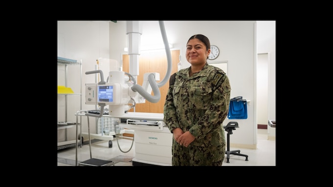 Hospitalman Gabriella Tellez serves in the clinic’s Radiology department with aspirations to commission and serve as a Navy Medical Corps Officer specializing in Radiology.