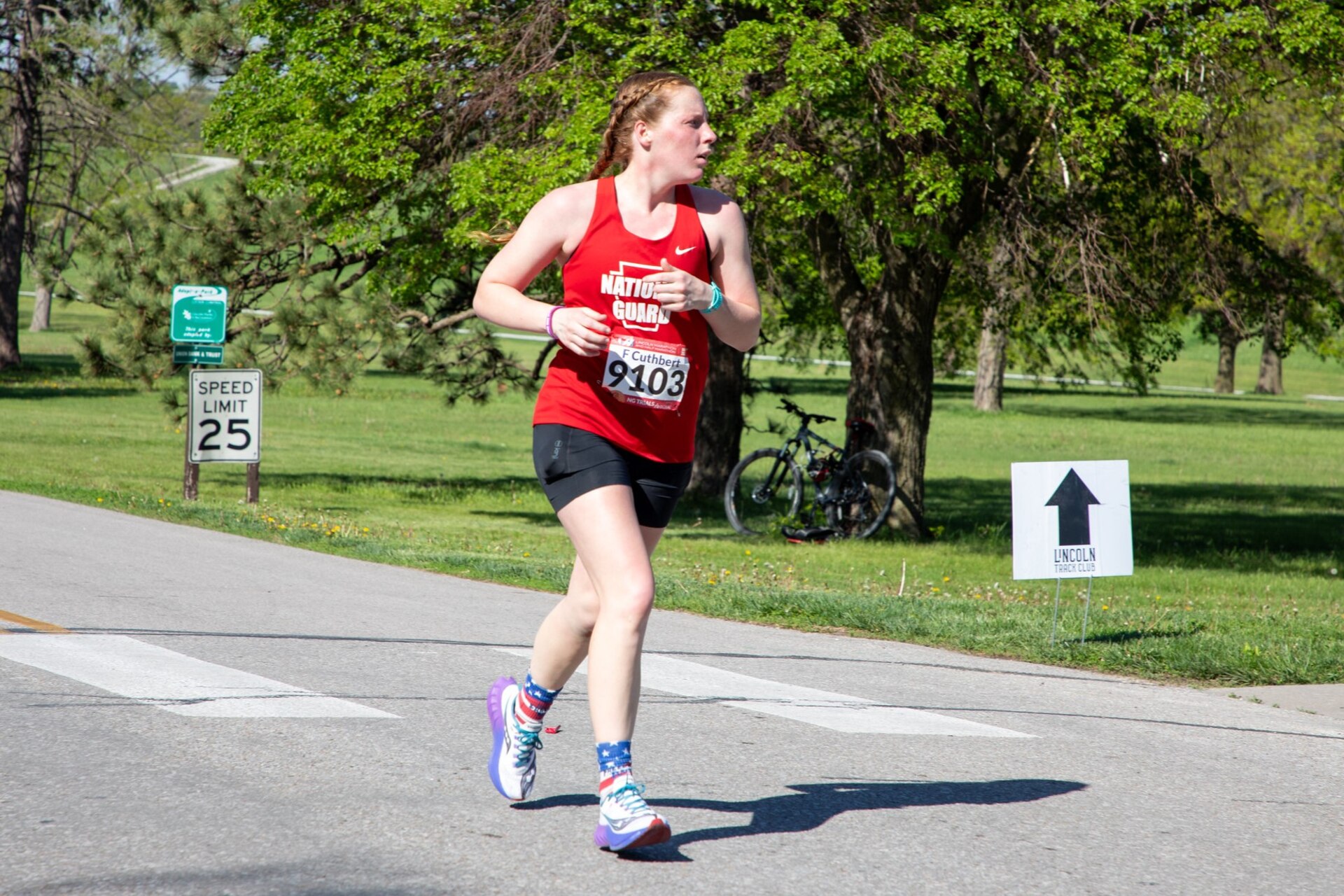 Sgt. Fiona Cuthbert of 2-112th Infantry, 56th Stryker Brigade Combat Team competes in the National Guard Marathon Team trials May 4, 2025, at the Lincoln Marathon in Lincoln, Nebraska. Cuthbert was the 18th National Guard female finisher with a time of 3:44:54 and made her first All-Guard Marathon Team.(Courtesy photo)
