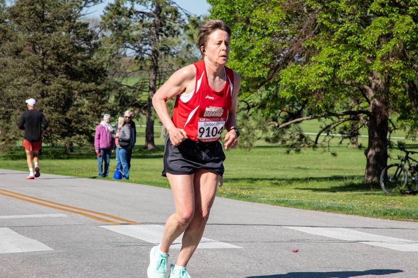 Lt. Col. Deborah Fisher of the 228th Transportation Battalion, 213th Regional Support Group competes in the National Guard Marathon Team trials May 4, 2025, at the Lincoln Marathon in Lincoln, Nebraska. Fisher was the 22nd National Guard female finisher, and the first in her age group, with a time of 3:48:12. She made her 10th All-Guard Marathon Team. (Courtesy photo)