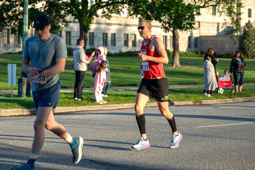 Capt. Daniel Kysela of 1-110th Infantry, 2nd Infantry Brigade Combat Team competes in the National Guard Marathon Team trials May 4, 2025, at the Lincoln Marathon in Lincoln, Nebraska. Kysela was the 61st National Guard male finisher with a time of 3:16:43. (Courtesy photo)