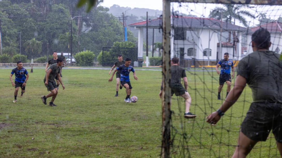 U.S. Marines with 1st Battalion, 8th Marines, 6th Regiment, 2d Marine Division play soccer with Panamanian security forces in Rodman, Panama, May 2, 2025. U.S. Southern Command is focused on increasing partner nation capacity and interoperability in the region and reflects the United States’ enduring promise of friendship, partnership, and solidarity with the Panamanian people. (U.S. Marine Corps photo by Lance Cpl. Francis Hrosar)
