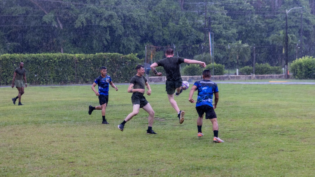 U.S. Marines with 1st Battalion, 8th Marines, 6th Regiment, 2d Marine Division play soccer with Panamanian security forces in Rodman, Panama, May 2, 2025. U.S. Southern Command is focused on increasing partner nation capacity and interoperability in the region and reflects the United States’ enduring promise of friendship, partnership, and solidarity with the Panamanian people. (U.S. Marine Corps photo by Lance Cpl. Francis Hrosar)