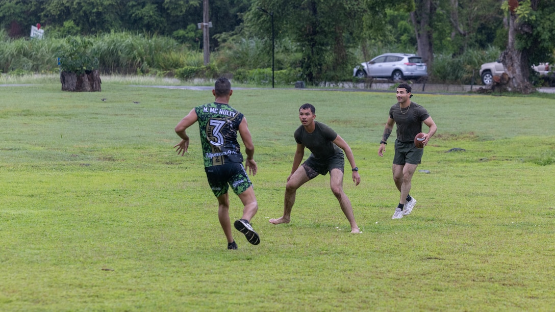 U.S. Marines with 1st Battalion, 8th Marines, 6th Regiment, 2d Marine Division play football with Panamanian security forces in Rodman, Panama, May 2, 2025. U.S. Southern Command is focused on increasing partner nation capacity and interoperability in the region and reflects the United States’ enduring promise of friendship, partnership, and solidarity with the Panamanian people. (U.S. Marine Corps photo by Lance Cpl. Francis Hrosar)