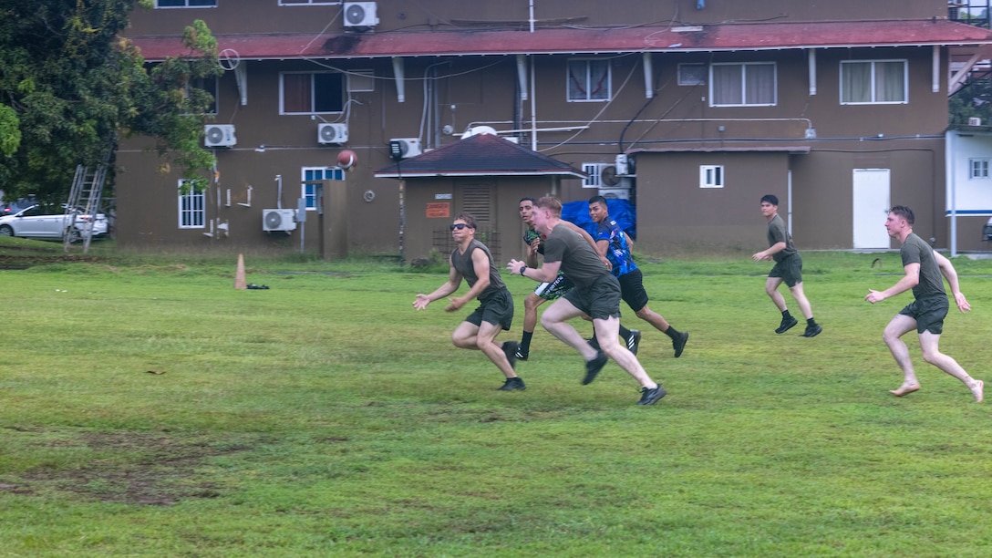 U.S. Marines with 1st Battalion, 8th Marines, 6th Regiment, 2d Marine Division play football with Panamanian security forces in Rodman, Panama, May 2, 2025. U.S. Southern Command is focused on increasing partner nation capacity and interoperability in the region and reflects the United States’ enduring promise of friendship, partnership, and solidarity with the Panamanian people. (U.S. Marine Corps photo by Lance Cpl. Francis Hrosar)