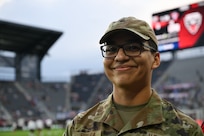 U.S. Air Force Airman 1st Class Nery Rivera, a relocations technician assigned to the 11th Force Support Squadron, prepares to participate in the DC United Football Club opening ceremony at Audi Field in Washington D.C., May 3, 2025. Rivera was the DC United standard bearer and planted the club's flag on the field before the match. (U.S. Air Force photo by Staff Sgt. Brandon Schneider)