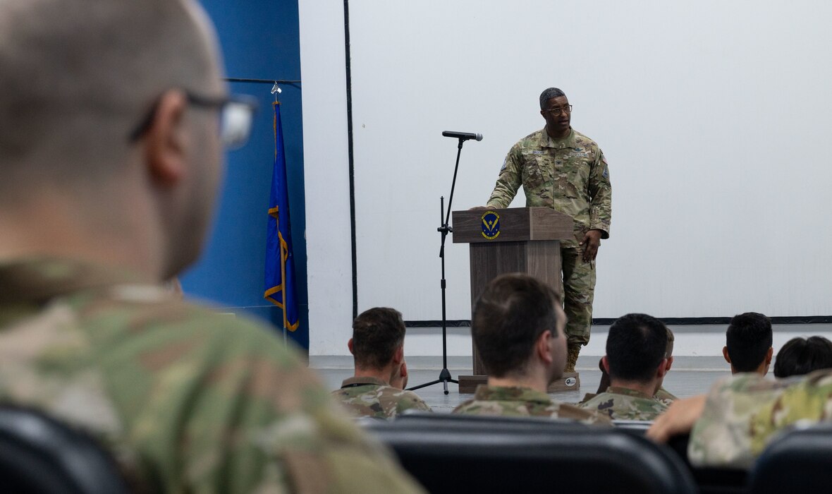 U.S. Space Force Col. Frank Brooks, U.S. Space Force Central deputy commander, gives opening remarks during a change of command ceremony within the U.S. Central Command area of responsibility, May 8, 2025. Since 2024, Combat Detachment 3-1 has supported Space Force Central Command by ensuring the deployment of battle-ready Guardians. (U.S. Air Force photo by Senior Airman Dieondiere Jefferies)
