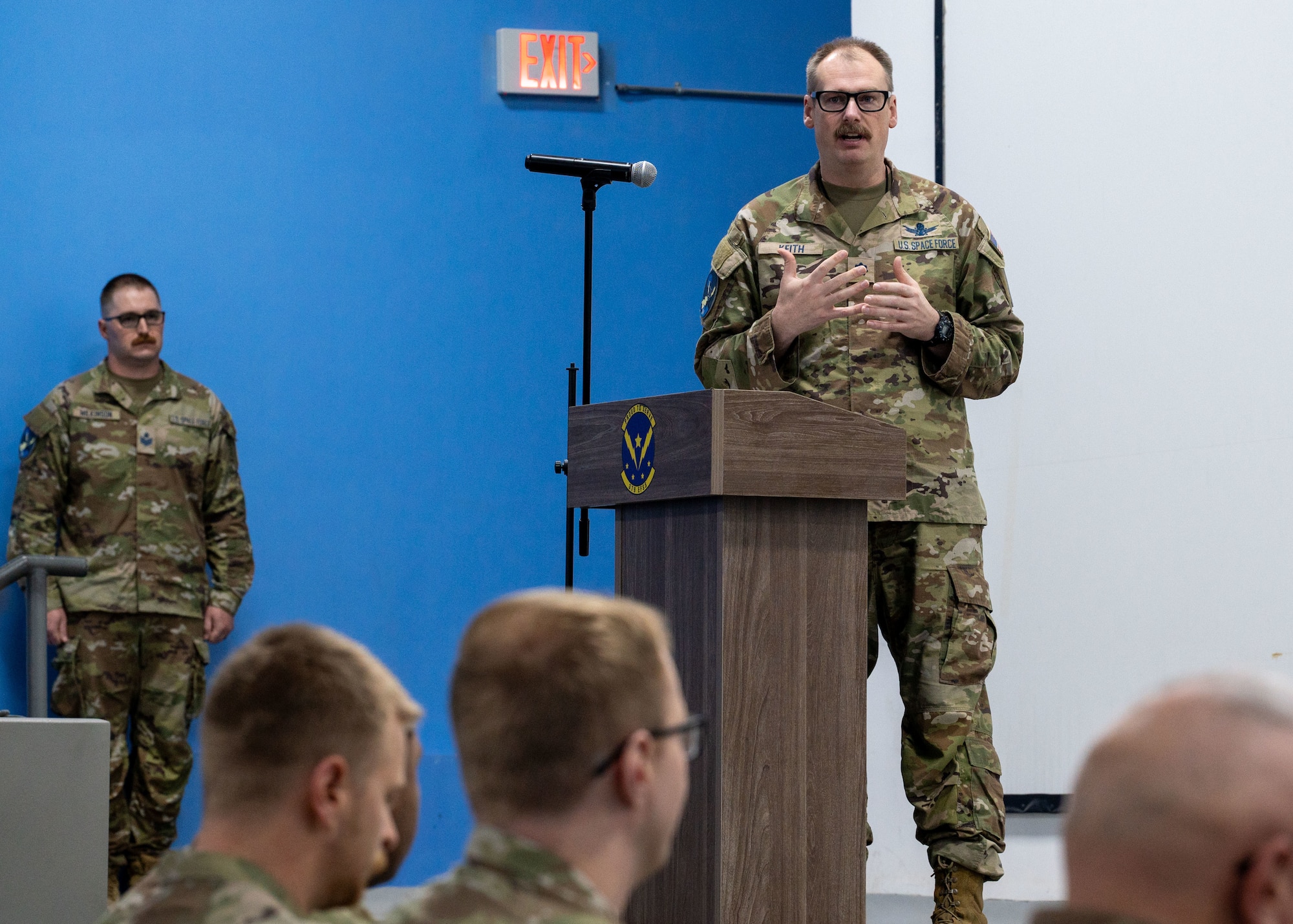 U.S. Space Force Lt. Col. Kyle Keith, Combat Detachment 3-1 commander, addresses Guardians during a change of command ceremony in the U.S. Central Command area of responsibility, May 8, 2025. Combat Detachment 3-1 provides critical command and control for SPACECENT teams operating across the region, enabling vital space-based capabilities. (U.S. Air Force photo by Senior Airman Dieondiere Jefferies)