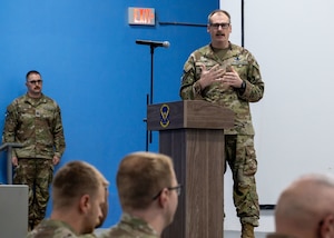 U.S. Space Force Lt. Col. Kyle Keith, Combat Detachment 3-1 commander, addresses Guardians during a change of command ceremony in the U.S. Central Command area of responsibility, May 8, 2025. Combat Detachment 3-1 provides critical command and control for SPACECENT teams operating across the region, enabling vital space-based capabilities. (U.S. Air Force photo by Senior Airman Dieondiere Jefferies)
