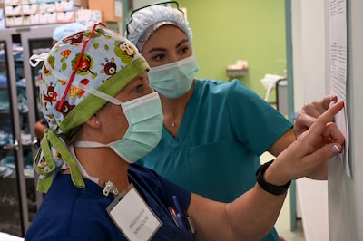 Two nurses wearing blue scrubs and face masks point to chart on a wall.