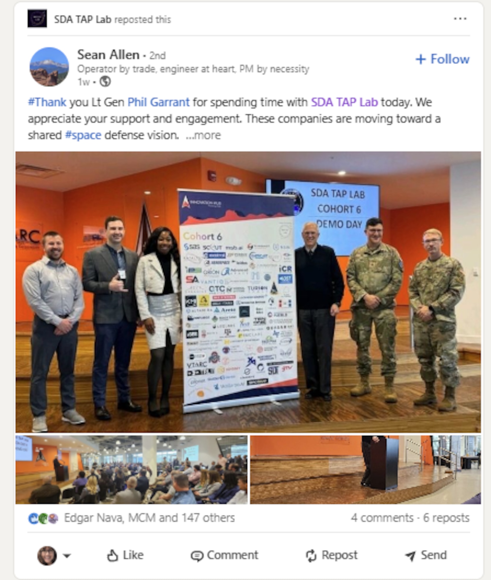 Space Systems Command’s (SSC) Space Domain Awareness Tools, Applications, and Processing Lab (SDA TAP Lab) hosts its Apollo Accelerator Cohort 6 Demonstration Day April 29 in Colorado. The SDA TAP Lab is dedicated to accelerating the delivery of space battle management software to operational units through collaboration with industry, academia, and government. The Cohort program demonstrates the results of that collaboration. SSC’s Commander, USSF Lt. Gen. Phil Garrant (pictured third from right) joined the Demo Day team to help promote government investment in the collaborative space innovations developed through the Lab’s most recent three-month cohort session. More than 250 representatives from 81 organizations including U.S. Space Command and Space Operations Command attended.