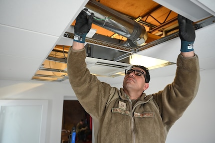 Members of the D.C. Air National Guard’s 113th Wing Civil Engineer Squadron (CES) conduct HVAC diagnostics and repair, LED lighting installation, plumbing fixture placement, and electrical rewiring at the Capital Guardian Youth ChalleNGe Academy (CGYCA), in Laurel, MD, on April 12, 2025.