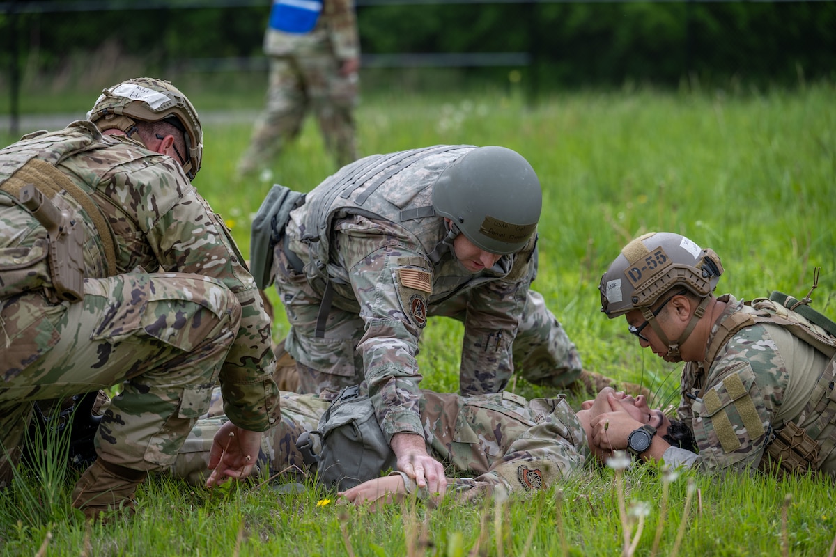Team McConnell Airmen participate in Exercise Lethal Stack at McConnell Air Force Base, Kansas, May 6, 2025. Lethal Stack trains McConnell Airmen to operate in Chemical, Biological, Radiological, and Nuclear (CBRN) and communication-degraded conditions. (U.S. Air Force photo by Airman 1st Class Paula Arce)