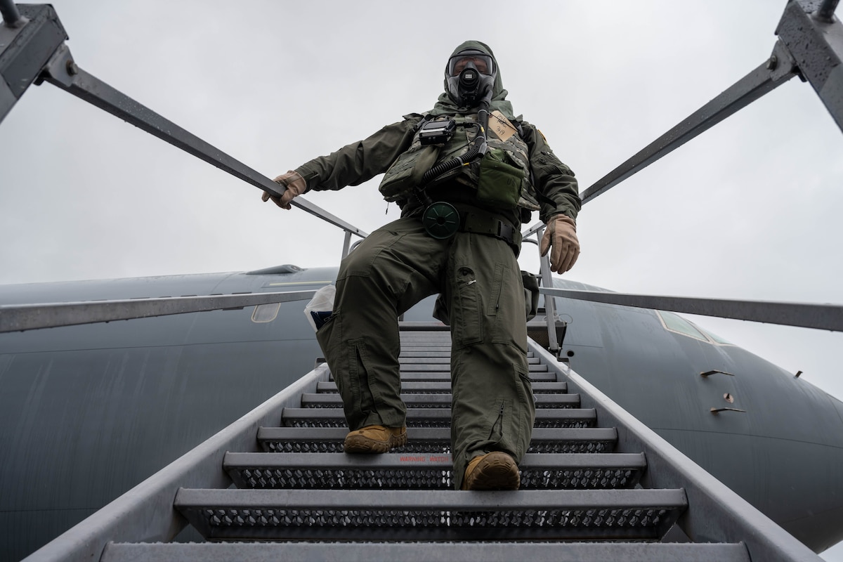 Capt. Paxton Petitpas, 349th Air Refueling Squadron chief of tactics, exits a KC-46A Pegasus during Exercise Lethal Stack at McConnell Air Force Base, Kansas, May 7, 2025. Lethal Stack aircraft practiced rapidly pivoting into theater, providing critical air refueling capabilities for allies and partners. (U.S. Air Force photo by Airman 1st Class Patrick O’Neill)
