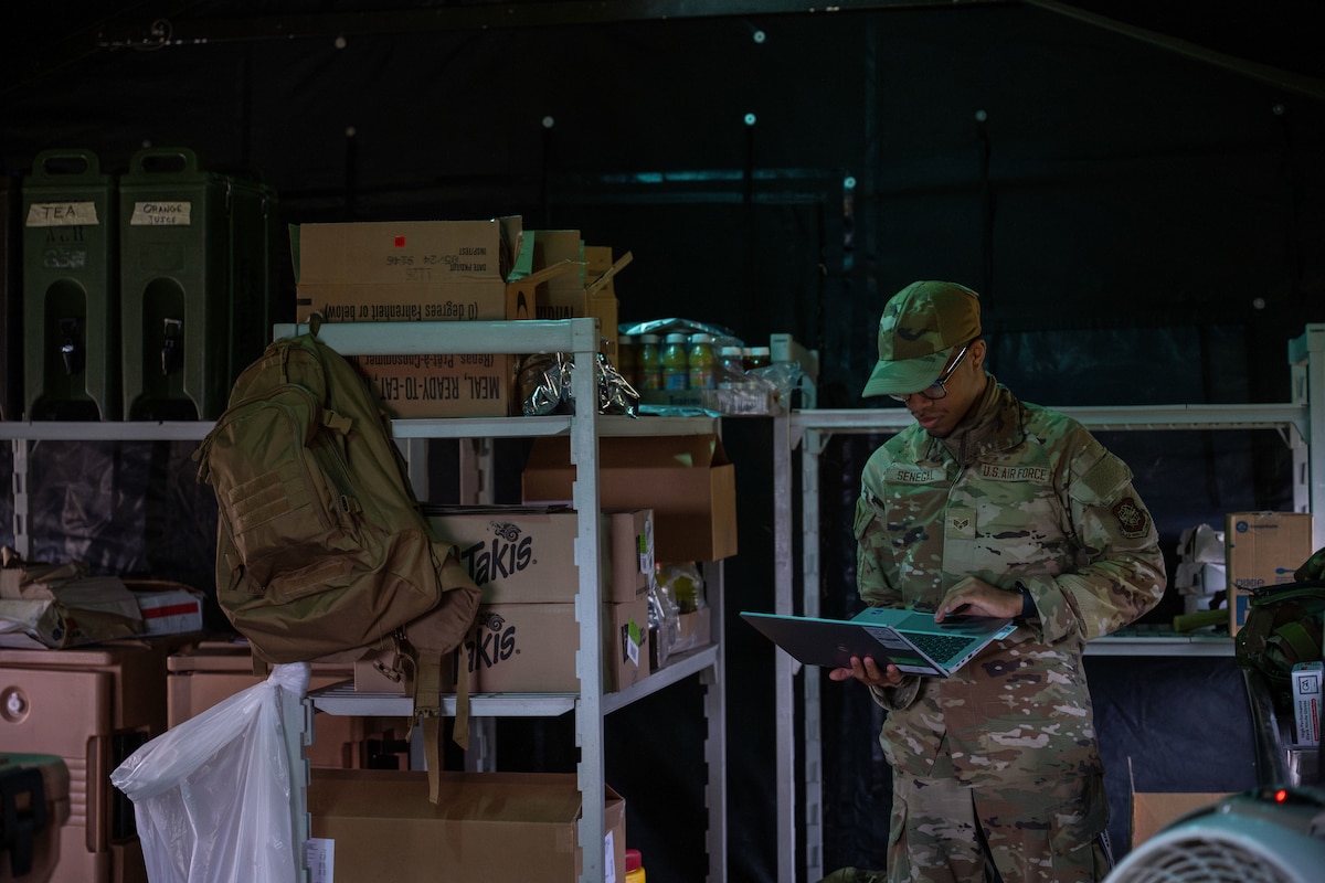 A Team McConnell Airman participates in Exercise Lethal Stack at McConnell Air Force Base, Kansas, May 7, 2025. McConnell Airmen practiced a spectrum of operational activities such as generating aircraft and responding to base threats. (U.S. Air Force photo by Airman 1st Class Paula Arce)