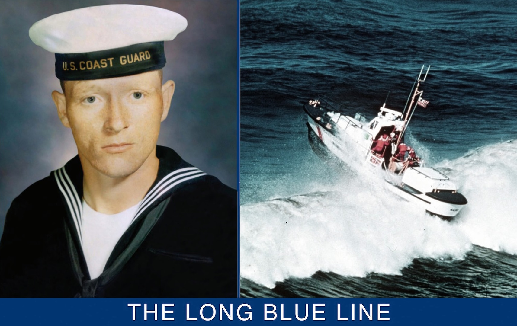 Official headshot of Charles William Sexton in dress blues. (U.S. Coast Guard)

A 44-foot motor lifeboat powering through heavy breakers common to the West Coast. (U.S. Coast Guard)