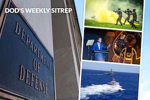 Photo montage that includes DOD sign and three defense-related images in filmstrip layout.