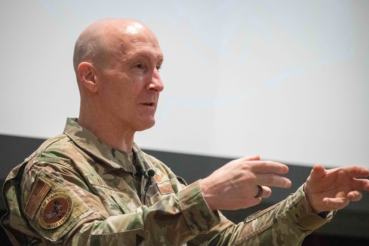 U.S. Air Force Chief of Staff Gen. David Allvin provides the capstone address to the Air War College class of 2025 and the civilian guests of the 71st National Security Forum at Maxwell Air Force Base, Alabama, May 8, 2025. NSF is a Secretary of the Air Force-sponsored  program that brings civilian business leaders, entrepreneurs and academics together with their military counterparts to foster communication and learning. (US Air Force photo by Melanie Rodgers Cox)