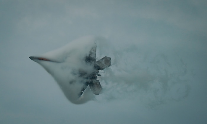 U.S. Air Force Capt. Nick Le Tourneau, F-22 Demonstration Team pilot, performs precision aerial maneuvers during the National Security Forum at Maxwell Air Force Base, Alabama, May 7, 2025. Since 1954, the Secretary of the Air Force's National Security Forum has brought together the nation's most influential and valued civic leaders with the military's developing senior leaders to enable open discussions on historic and contemporary national security strategies and challenges. Over a three-day period, attendees engage with U.S. and foreign military officers and government civilians through a lecture and seminar format. (U.S. Air Force photo by Senior Master Sgt. Richard P. Ebensberger)