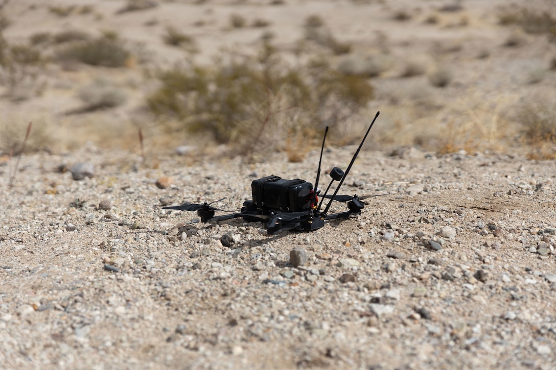 An N1 Archer drone staged to take off during a showcase at Range 220, Marine Corps Air-Ground Combat Center, Twentynine Palms, California, March 12, 2025. The N1 Archer is the first FPV platform built to deliver modular warheads on the BlueUAS list authorized for official Department of Defense use. The sUAS showcase provided joint service members the opportunity to explore the N1 Archer’s controls and capabilities. (U.S. Marine Corps photo by Lance Cpl. Saige Steiber)