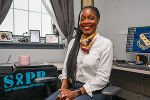 Sieda Jones, the sexual assault response coordinator (SARC) assigned to the 11th Wing, poses for a photo at Joint Base Anacostia-Bolling, Washington, D.C., April 7, 2025.  The SAPR program provides advocacy, education and resources to prevent and support those affected by sexual assault. (U.S. Air Force photo by Airman 1st Class Shanel Toussaint)
