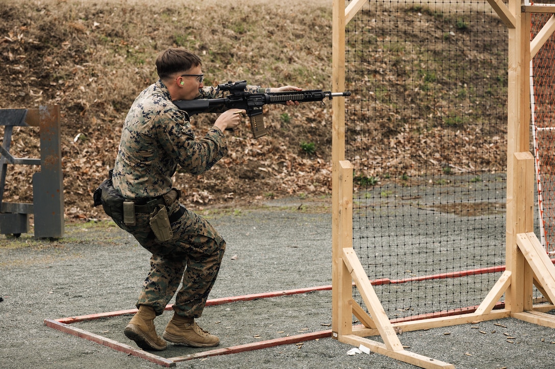 U.S. Marine Corps Sgt. Caymen Malay, a marksmanship instructor with the Marine Corps Shooting Team, Weapons Training Battalion, shoots an M16 rifle as a part of the multi-weapon match during the Marine Corps Championships hosted by WTBn, on Marine Corps Base Quantico, Virginia, April 12, 2025. This competition brings together top shooters from regional marksmanship events to test their skills in precision rifle, action rifle, action pistol, and multi-gun action shooting. It continues the legacy of the Marine Corps Shooting Team, which has upheld marksmanship excellence since the early 1900s and reinforces the Corps' commitment to marksmanship as a core warfighting skill. (U.S. Marine Corps photo by Cpl. Joshua Barker)