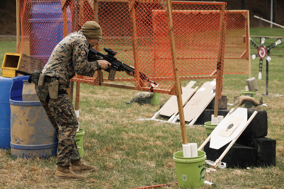 U.S. Marine Corps Sgt. Caymen Malay, a marksmanship instructor with the Marine Corps Shooting Team, Weapons Training Battalion, shoots an M16 rifle during the multi-weapon portion of the Marine Corps Championships hosted by WTBn, on Marine Corps Base Quantico, Virginia, April 12, 2025. This competition brings together top shooters from regional marksmanship events to test their skills in precision rifle, action rifle, action pistol, and multi-gun action shooting. It continues the legacy of the Marine Corps Shooting Team, which has upheld marksmanship excellence since the early 1900s and reinforces the Corps' commitment to marksmanship as a core warfighting skill. (U.S. Marine Corps photo by Cpl. Joshua Barker)