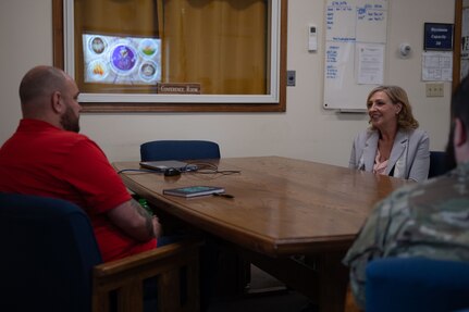 Karen Raines, spouse of Senior Enlisted Advisor John Raines, the senior enlisted advisor to the chief of the National Guard Bureau, meets with family‑readiness volunteers at Joint Force Headquarters ‑ Maine, April 30, 2025.