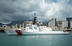 U.S. Coast Guardsmen assigned to the national security cutter USCGC Kimball (WMSL 756) maneuver the ship to the pier on Coast Guard Base Honolulu May 5, 2025. The cutter's crew returned from an 84-day Eastern Pacific patrol. (U.S. Coast Guard photo by Petty Officer 2nd Class Tyler Robertson)