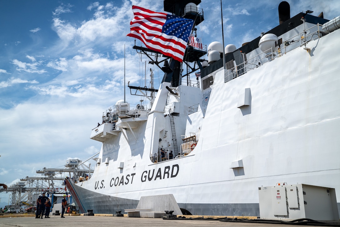U.S. Coast Guardsmen assigned to the maritime security cutter USCGC Kimball (WMSL 756) moor the cutter to the pier on Coast Guard Base Honolulu May 5, 2025. The cutter's crew seized over 16,850 pounds of cocaine during the 84-day patrol. (U.S. Coast Guard photo by Petty Officer 2nd Class Tyler Robertson)