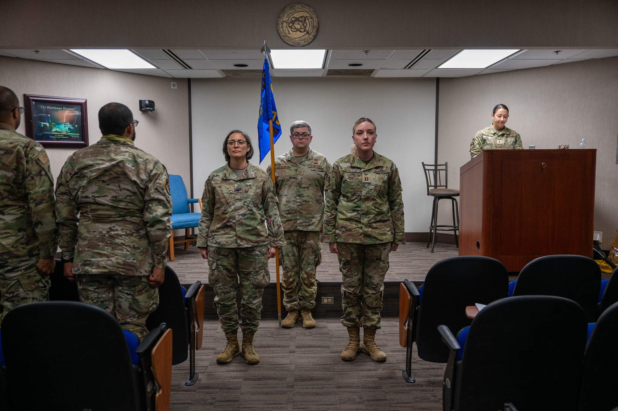 The 403rd Communications Flight stands together for a group picture to welcome the new commander, Captain Augusta Hamilton.