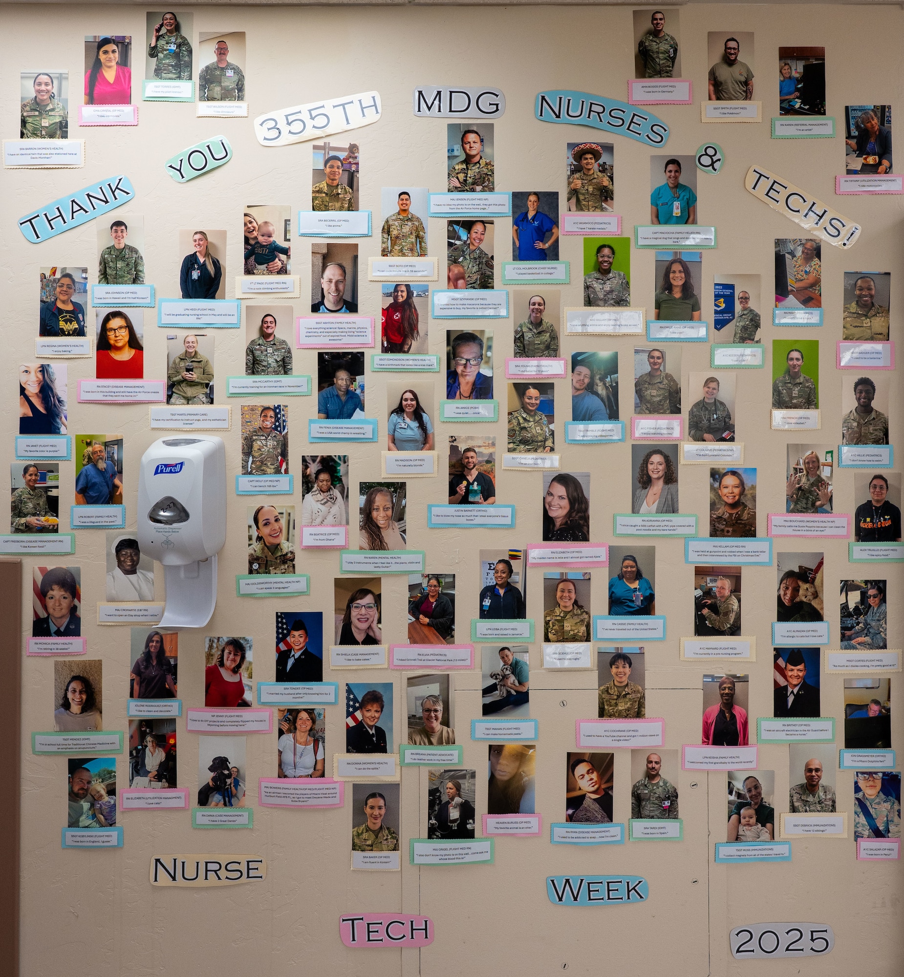 Photos of nurses and technicians assigned to the 355th Medical Group are displayed in the clinic at Davis-Monthan Air Force Base, Arizona, May 7, 2025. Each photo included a fun fact to highlight the providers during Nurse and Tech Appreciation Week. (U.S. Air Force photo by Senior Airman Jasmyne Bridgers-Matos)