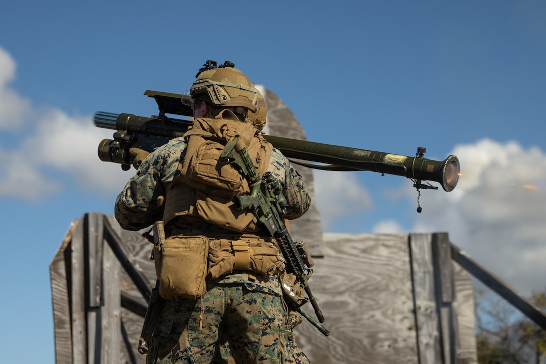 U.S. Marines with 3d Littoral Anti-Air Battalion, 3d Marine Littoral Regiment, 3d Marine Division, fire a simulated round from a FIM-92 Stinger during a training exercise at Pohakuloa Training Area, Hawaii, Jan. 25, 2025. The training exercise taking place at PTA mirrors a Service Level Training Exercise by setting conditions for 3d MLR and its subordinate battalions to go forward to the Philippines in support of Exercise Balikatan 25 and Kamandag 9 this summer. (U.S. Marine Corps photo by Sgt. Jacqueline C. Parsons)