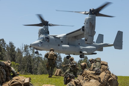 U.S. Marines with Animal Company, Battalion Landing Team 1st Battalion, 7th Marine Regiment, 31st Marine Expeditionary Unit, prepare to embark an MV-22B Osprey aircraft assigned to Marine Medium Tilt Rotor Squadron 265 (Rein.) during a quick response force rehearsal as a part of MEU Exercise, at Camp Hansen, Okinawa, Japan, May 3, 2025.