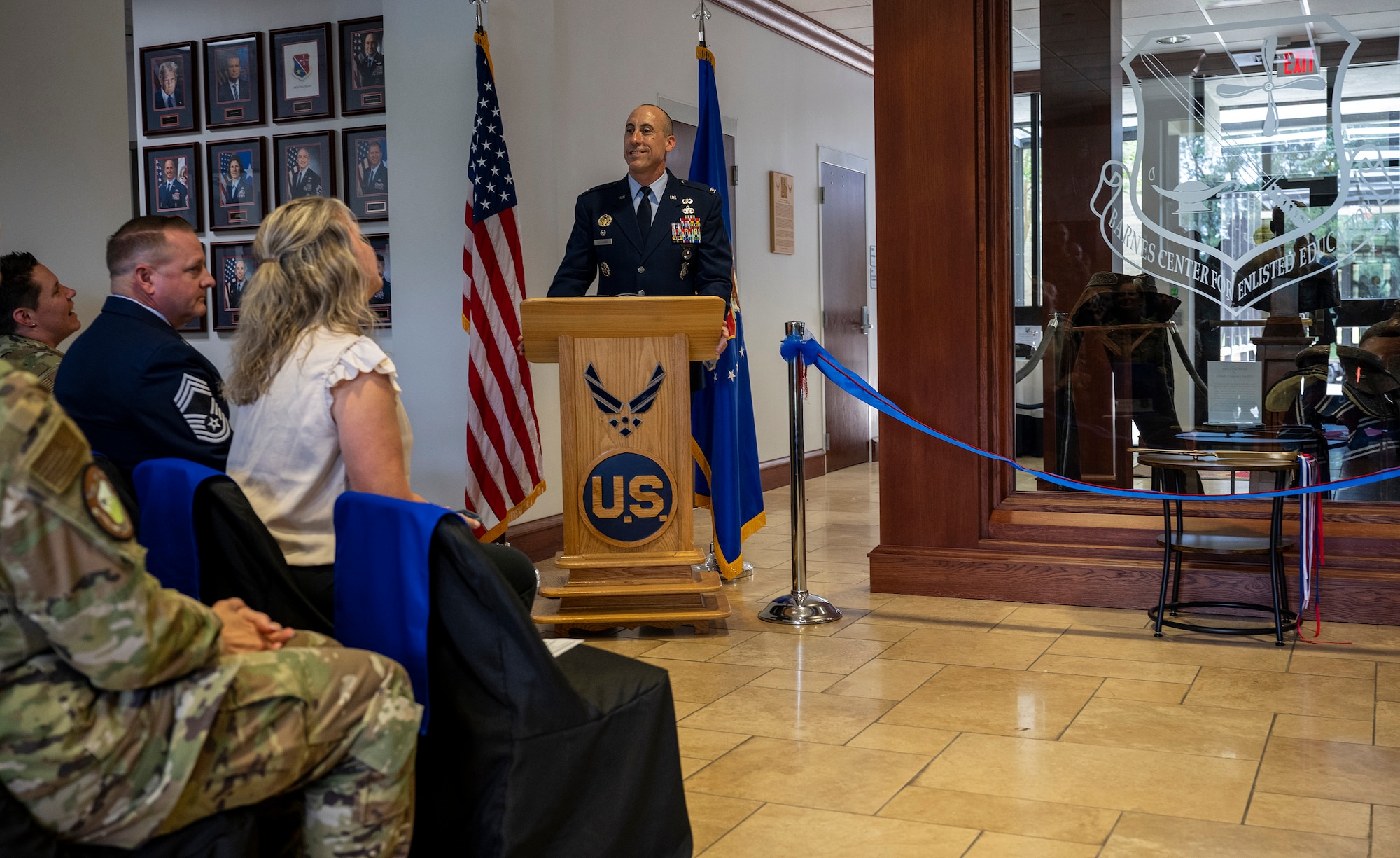 Col. Damian Schlussel, Thomas N. Barnes Center for Enlisted Education commander, speaks during the Barnes Center’s ribbon cutting ceremony on Maxwell Air Force Base, Ala., May 9, 2025. The center moved from Gunter Annex to Chennault Circle, the heart of Air University’s campus, historically known for officer education and training. (U.S. Air Force photo/Brian Ferguson)