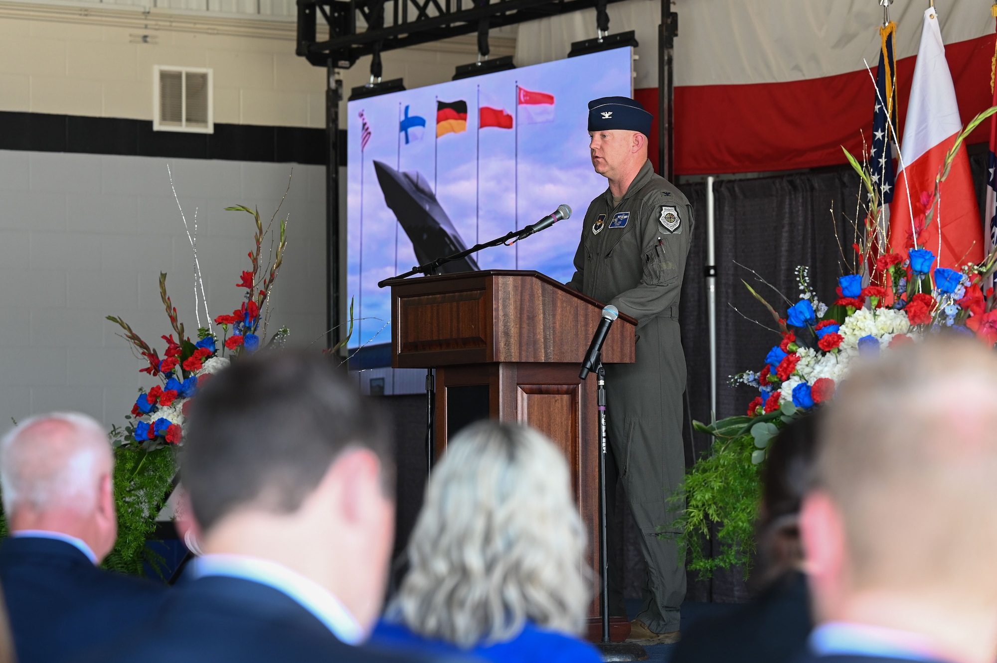 U.S. Air Force Col. Nick Ihde, 85th Fighter Group commander, speaks during the Initial Operational Capability ceremony at Ebbing Air National Guard Base, Arkansas, May 9, 2025.