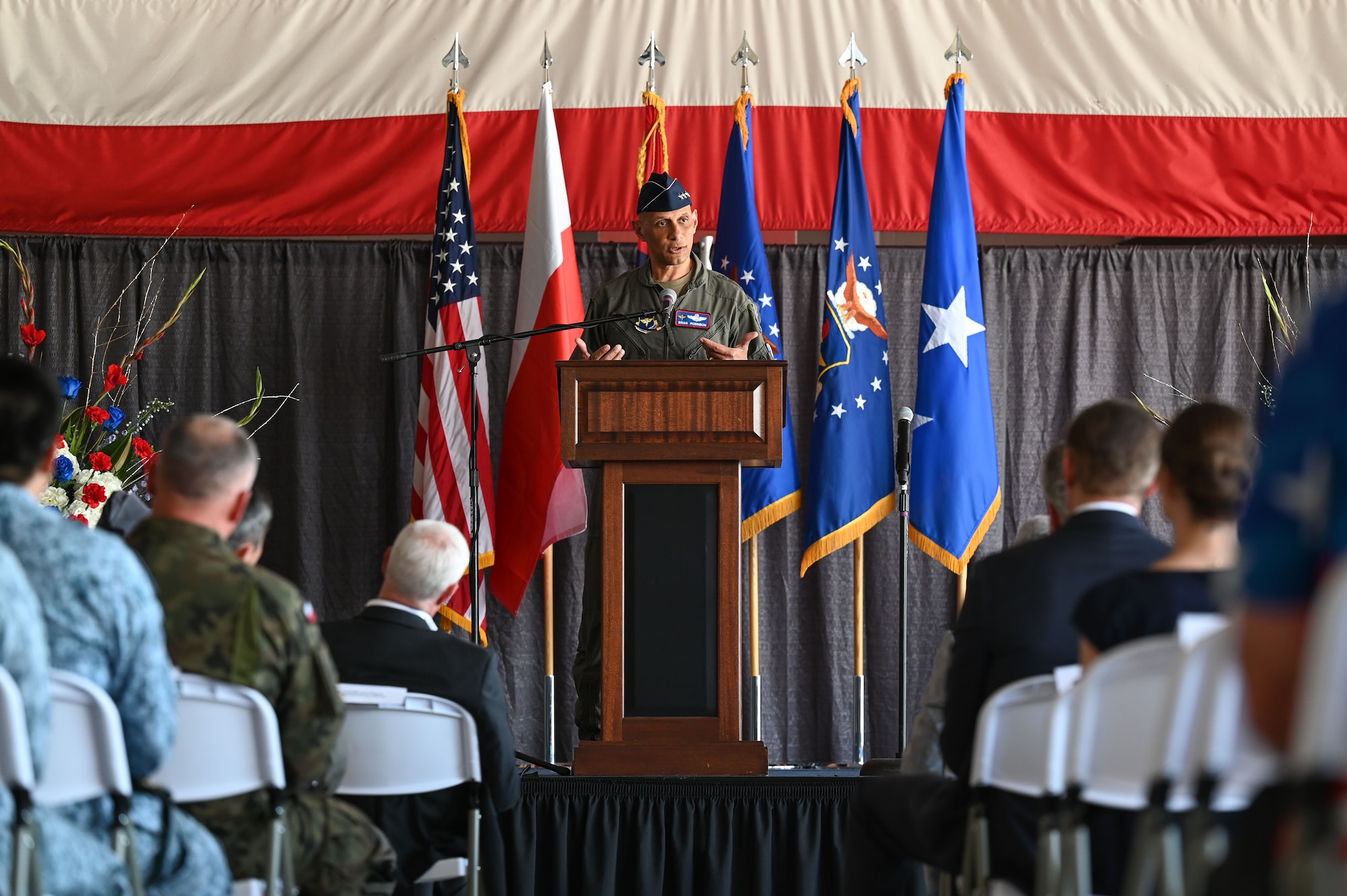 U.S. Air Force Lt. Gen. Brian Robinson, Air Education and Training Command commander, gives remarks during the Initial Operational Capability ceremony at Ebbing Air National Guard Base, Arkansas, May 9, 2025.