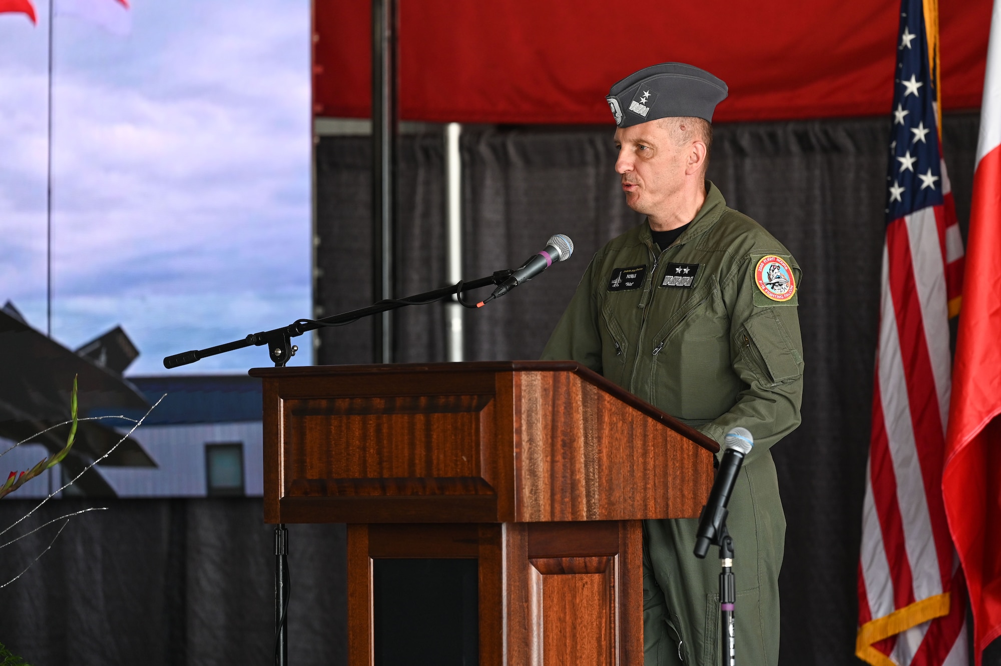 Polish Air Force Maj. Gen. Ireneusz Nowak, Inspector of the PLAF, speaks during the Initial Operational Capability ceremony at Ebbing Air National Guard Base, Arkansas, May 9, 2025.