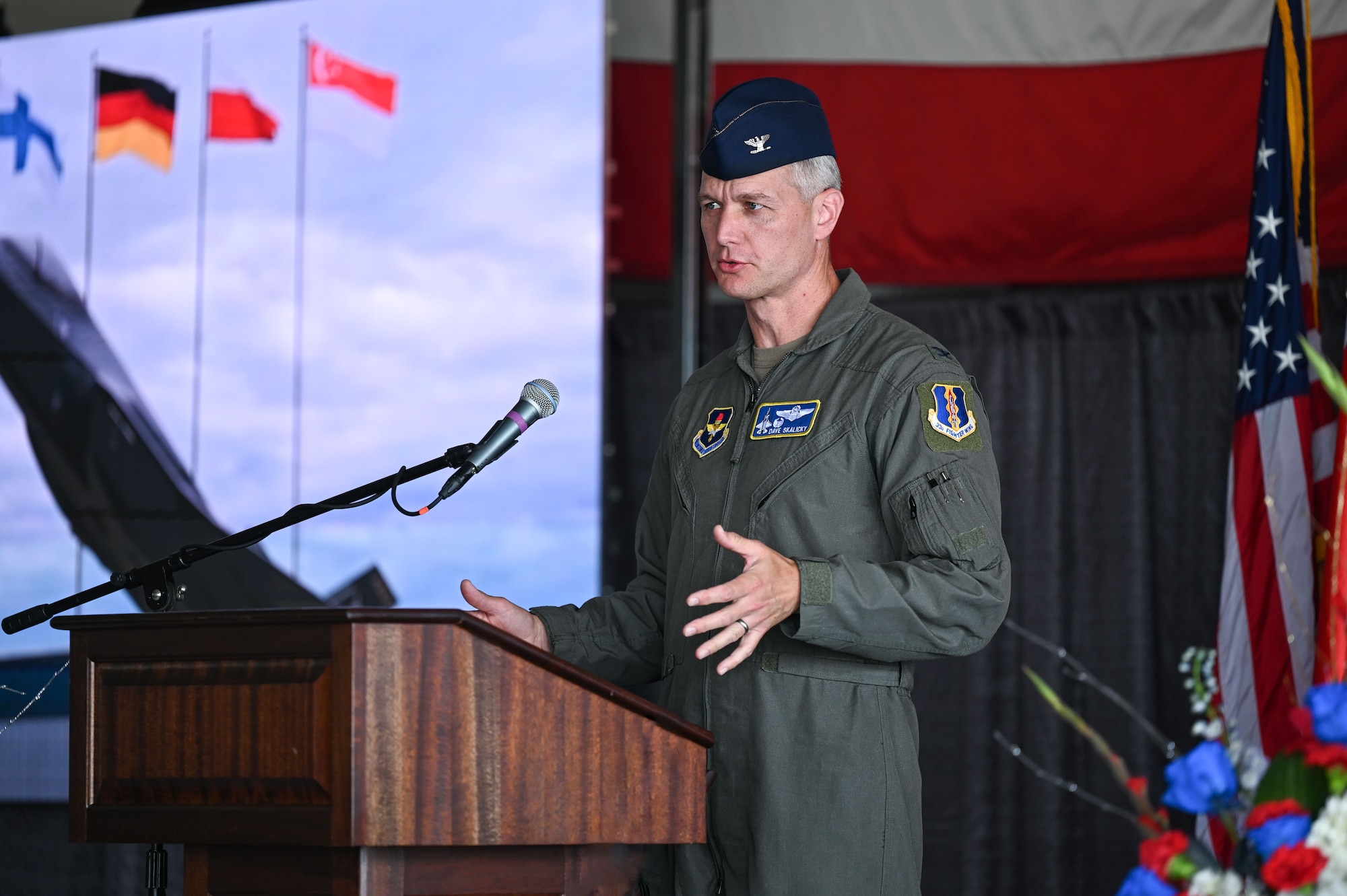 U.S. Air Force Col. Dave Skalicky, 33rd Fighter Wing commander, speaks during the Initial Operational Capability ceremony at Ebbing Air National Guard Base, Arkansas, May 9, 2025.