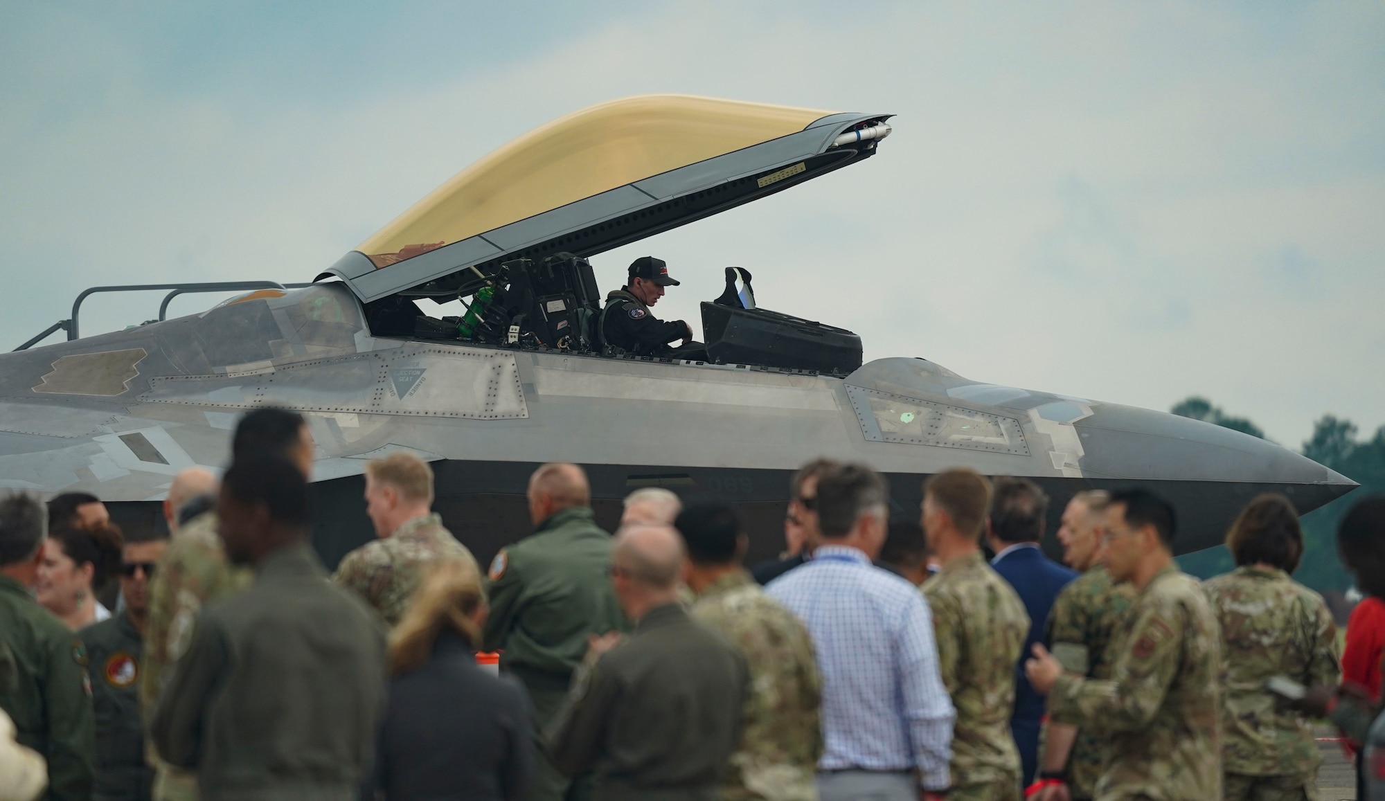 U.S. Air Force Capt. Nick Le Tourneau, F-22 Demonstration Team pilot, performs precision aerial maneuvers during the National Security Forum at Maxwell Air Force Base, Alabama, May 7, 2025. Since 1954, the Secretary of the Air Force's National Security Forum has brought together the nation's most influential and valued civic leaders with the military's developing senior leaders to enable open discussions on historic and contemporary national security strategies and challenges. Over a three-day period, attendees engage with U.S. and foreign military officers and government civilians through a lecture and seminar format. (U.S. Air Force photo by Senior Master Sgt. Richard P. Ebensberger)