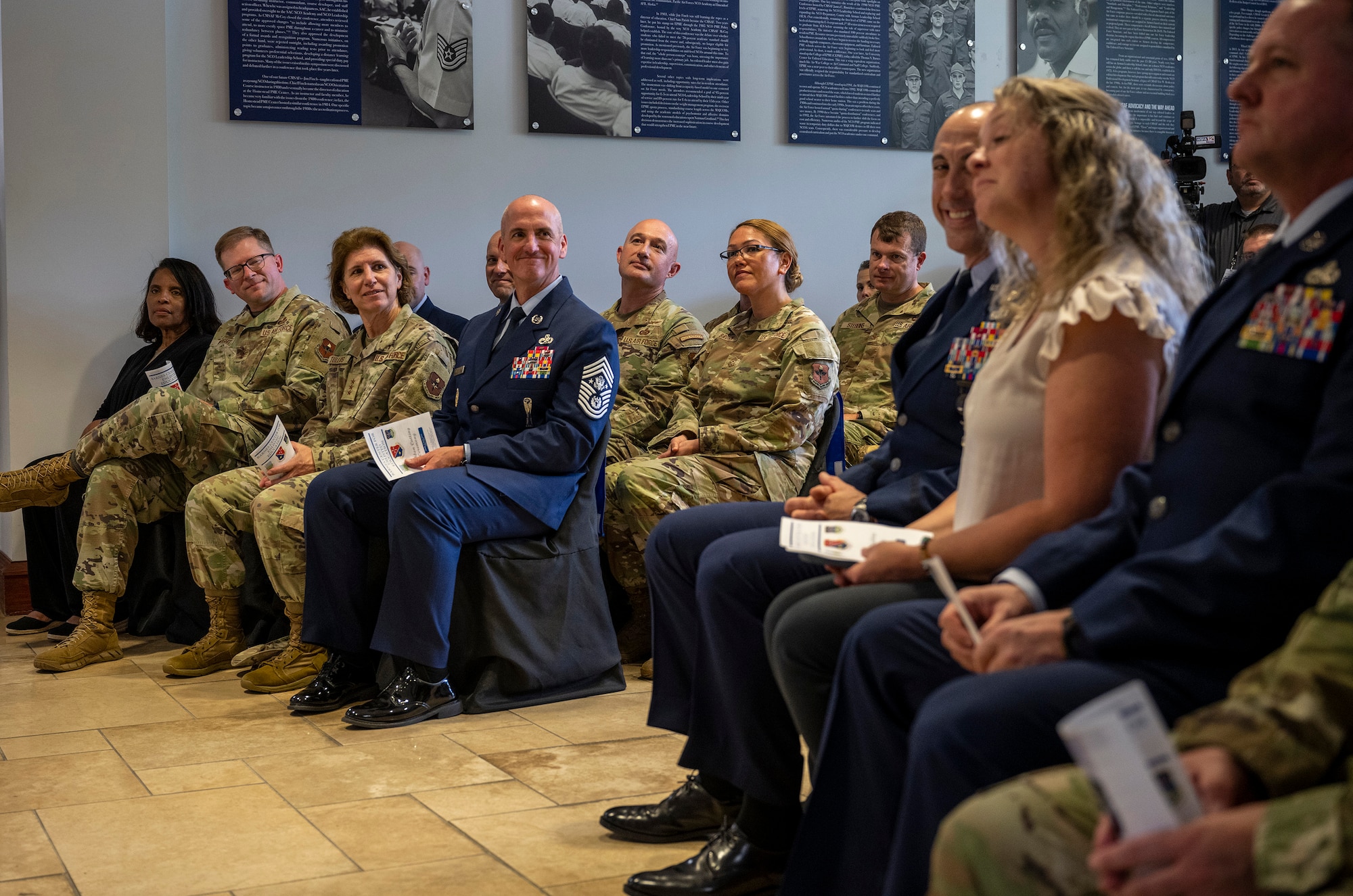 Senior Air Force leaders attend the new Thomas N. Barnes Center for Enlisted Education’s ribbon cutting ceremony on Maxwell Air Force Base, Ala., May 9, 2025. The center moved from Gunter Annex to Chennault Circle, the heart of Air University’s campus, historically known for officer education and training. (U.S. Air Force photo/Brian Ferguson)