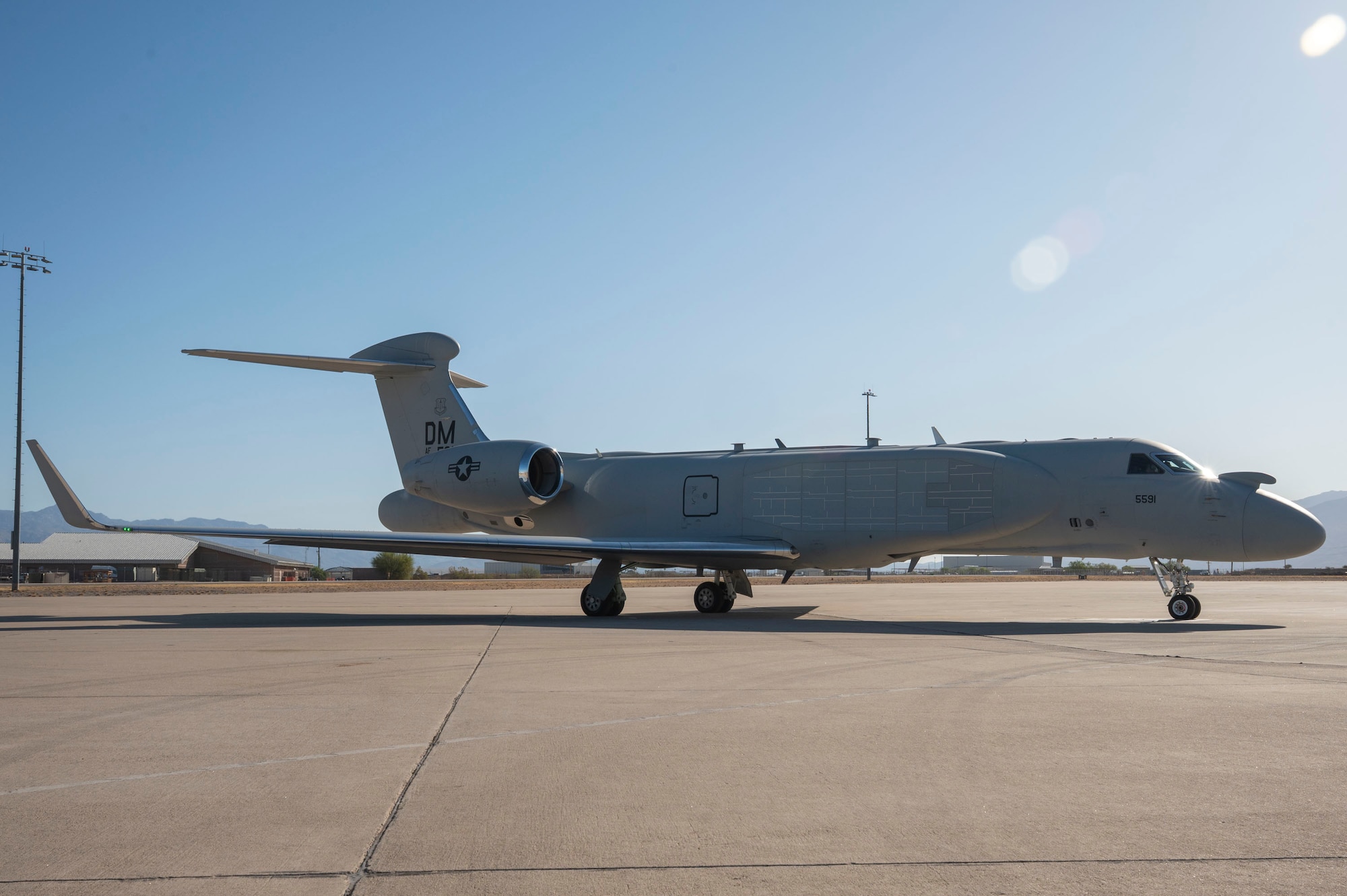 A U.S. Air Force EA-37B Compass Call aircraft assigned to the 43rd Electronic Combat Squadron sits on the flightline before taking off for its first official mission training sortie flight at Davis-Monthan Air Force Base, Arizona, May 2, 2025. The EA-37B Compass Call is a wide-area airborne electronic attack weapon system using a heavily modified version of the Gulfstream G550 airframe. (U.S. Air Force photo by Airman Samantha Melecio)