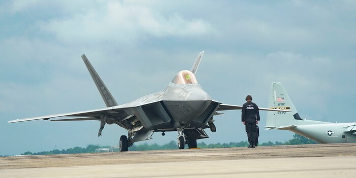 U.S. Air Force Capt. Nick Le Tourneau, F-22 Demonstration Team pilot, performs precision aerial maneuvers during the National Security Forum at Maxwell Air Force Base, Alabama, May 7, 2025. Since 1954, the Secretary of the Air Force's National Security Forum has brought together the nation's most influential and valued civic leaders with the military's developing senior leaders to enable open discussions on historic and contemporary national security strategies and challenges. Over a three-day period, attendees engage with U.S. and foreign military officers and government civilians through a lecture and seminar format. (U.S. Air Force photo by Senior Master Sgt. Richard P. Ebensberger)