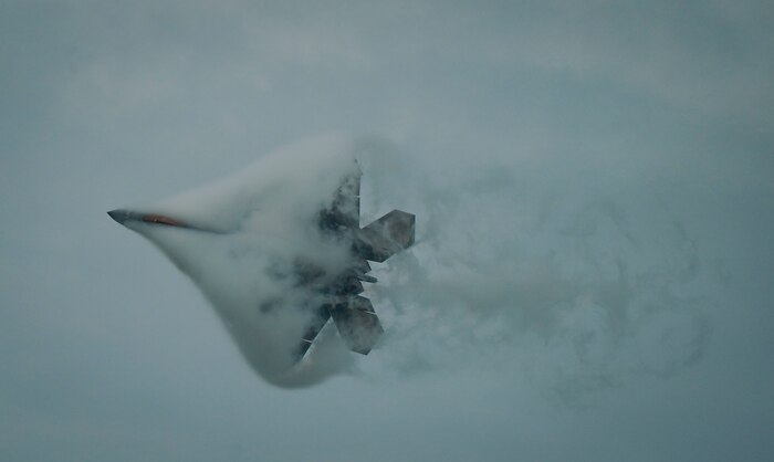 U.S. Air Force Capt. Nick Le Tourneau, F-22 Demonstration Team pilot, performs precision aerial maneuvers during the National Security Forum at Maxwell Air Force Base, Alabama, May 7, 2025. Since 1954, the Secretary of the Air Force's National Security Forum has brought together the nation's most influential and valued civic leaders with the military's developing senior leaders to enable open discussions on historic and contemporary national security strategies and challenges. Over a three-day period, attendees engage with U.S. and foreign military officers and government civilians through a lecture and seminar format. (U.S. Air Force photo by Senior Master Sgt. Richard P. Ebensberger)