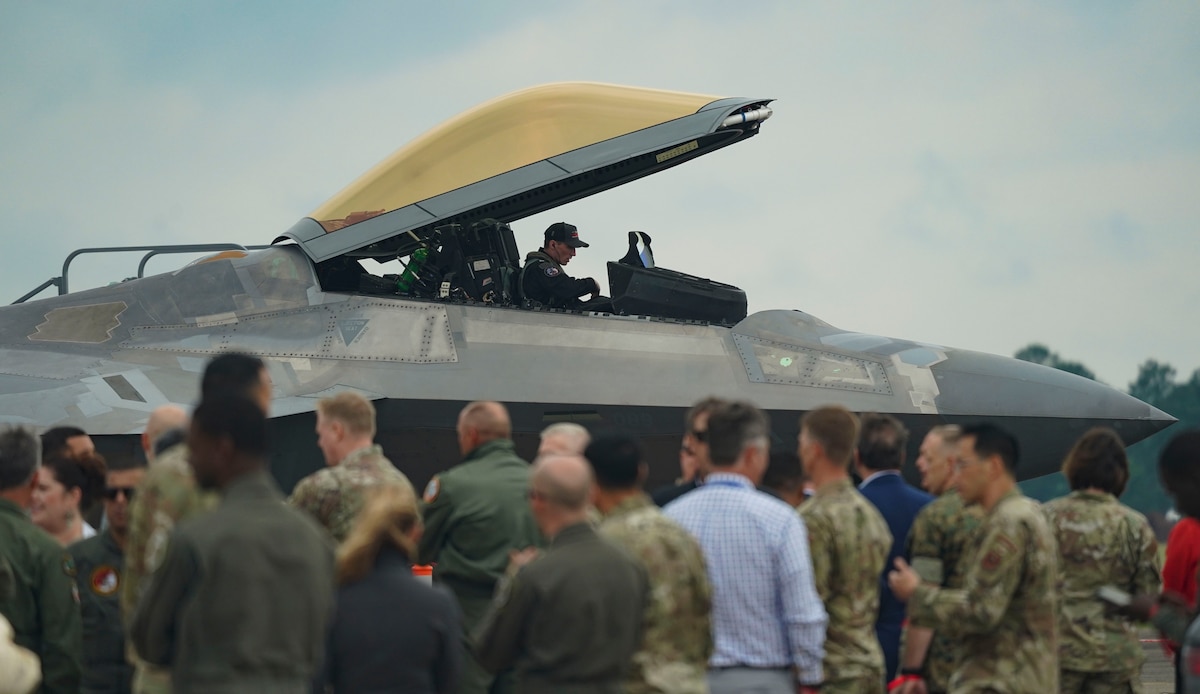 U.S. Air Force Capt. Nick Le Tourneau, F-22 Demonstration Team pilot, performs precision aerial maneuvers during the National Security Forum at Maxwell Air Force Base, Alabama, May 7, 2025. Since 1954, the Secretary of the Air Force's National Security Forum has brought together the nation's most influential and valued civic leaders with the military's developing senior leaders to enable open discussions on historic and contemporary national security strategies and challenges. Over a three-day period, attendees engage with U.S. and foreign military officers and government civilians through a lecture and seminar format. (U.S. Air Force photo by Senior Master Sgt. Richard P. Ebensberger)