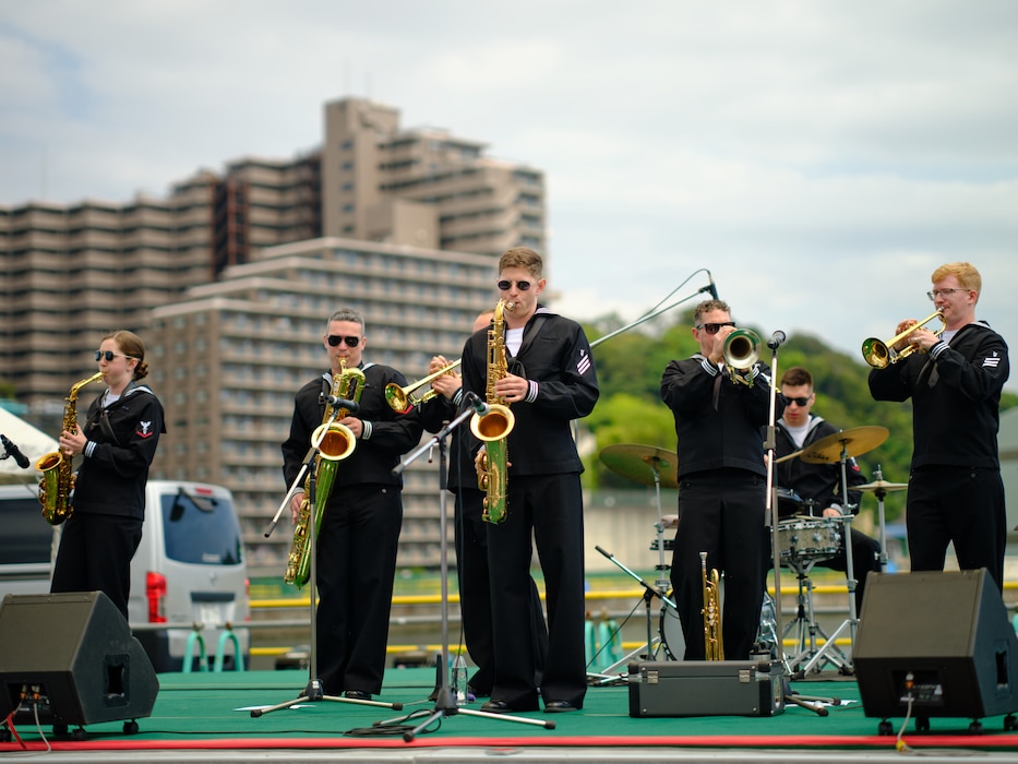 The U.S. 7th Fleet Band's Broadside Brass Band performs at the City of Yokosuka's annual Kanrin Maru Festival Saturday, April 26, 2025 at Uraga Dock in the city's southeastern district.
