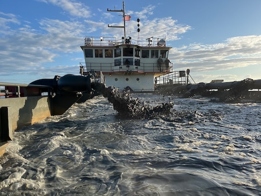 U.S. Army Corps of Engineers, (USACE), Dredge MURDEN pumps sand and slurry materials during 24/7 dredge operations in Naval Station Guantanamo Bay, Cuba, April 23, 2025. Dredge MURDEN is clearing critical shoaling by dredging areas that will maintain safe and efficient navigation conditions for military and commercial vessels in the harbor. (USACE Photo by Mark Rankin)