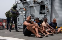 Sailors attached to the Brazilian Navy  Niterói-Class Frigate, BNS Defensora (F 41),  simulate a visit, board, search, and seizure techniques during Obangame Express 2025. Obangame Express is one of three regional maritime exercises led by U.S. Sixth Fleet as part of a comprehensive strategy to provide collaborative opportunities to African forces and international partners to address maritime security concerns.