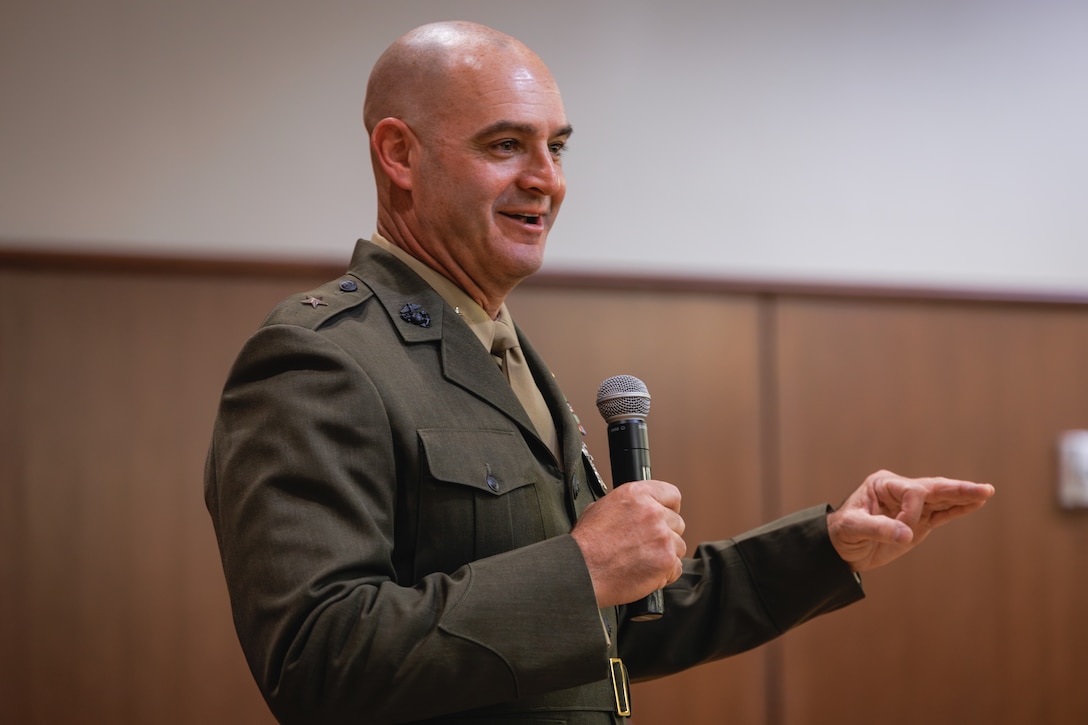 U.S. Marine Corps Col. Joseph A. Katz, the chief of staff for Marine Forces Reserve, gives remarks to colleagues, family, and friends during his frocking ceremony to brigadier general at Marine Corps Support Facility, New Orleans, May 9, 2025. Frocking is a tradition where Marines are advanced to the next pay grade, assuming the title and the responsibilities prior to their official date of promotion. Katz was frocked to the rank of brigadier general. (U.S. Marine Corps photo by Lance Cpl. Van Hoang)