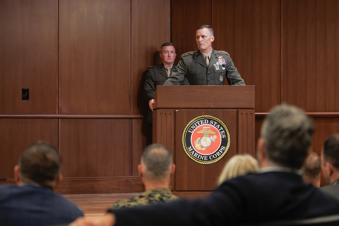 U.S. Marine Corps Lt. Gen. Leonard F. Anderson IV, the commander, Marine Forces Reserve, Marine Forces South, speaks about the accomplishments of Col. Joseph A. Katz, the chief of staff for Marine Forces Reserve, during Katz’s frocking ceremony at Marine Corps Support Facility, New Orleans, May 9, 2025. Frocking is a tradition where Marines are advanced to the next pay grade, assuming the title and the responsibilities prior to their official date of promotion. Katz was frocked to the rank of brigadier general. (U.S. Marine Corps photo by Lance Cpl. Van Hoang)
